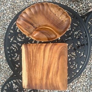 Vintage 13.5” Clam Shell Shaped Monkey Pod Chip & Dip Bowl & 12” Serving Tray